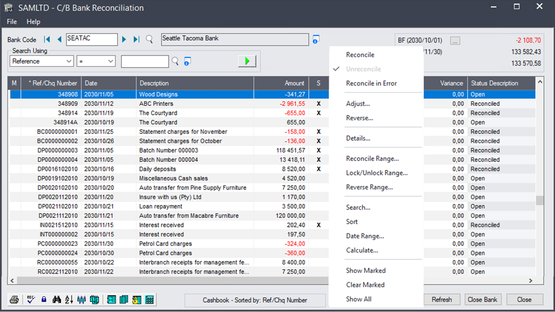 Bank Reconciliation Displays