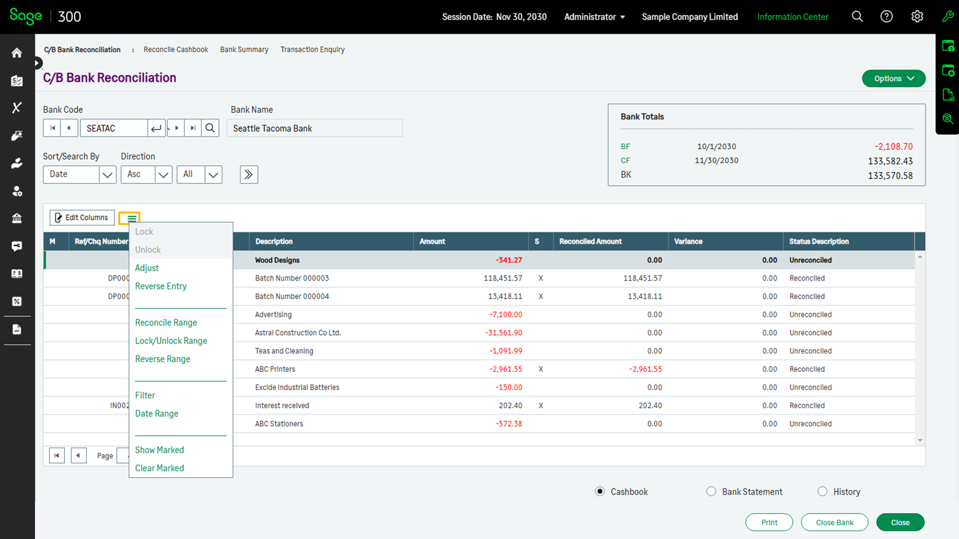 Bank Reconciliation Displays